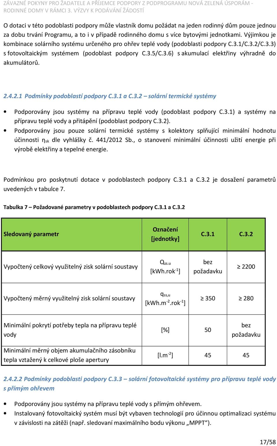 2.4.2.1 Podmínky podoblastí podpory C.3.1 a C.3.2 solární termické systémy Podporovány jsou systémy na přípravu teplé vody (podoblast podpory C.3.1) a systémy na přípravu teplé vody a přitápění (podoblast podpory C.