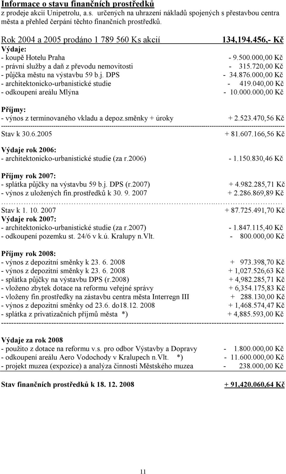 j. DPS - 34.876.000,00 Kč - architektonicko-urbanistické studie - 419.040,00 Kč - odkoupení areálu Mlýna - 10.000.000,00 Kč Příjmy: - výnos z termínovaného vkladu a depoz.směnky + úroky + 2.523.