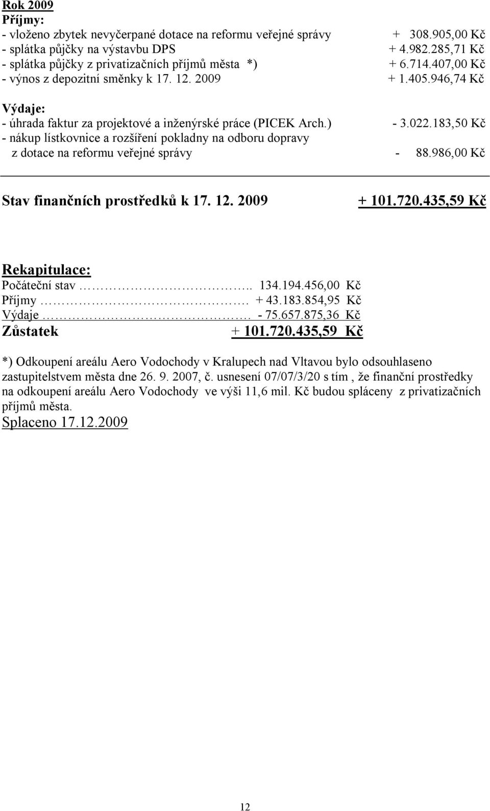 183,50 Kč - nákup lístkovnice a rozšíření pokladny na odboru dopravy z dotace na reformu veřejné správy - 88.986,00 Kč Stav finančních prostředků k 17. 12. 2009 + 101.720.