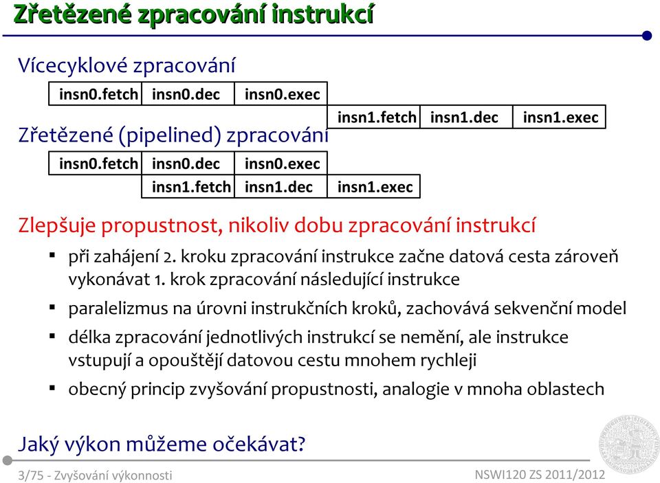 krok zpracování následující instrukce paralelizmus na úrovni instrukčních kroků, zachovává sekvenční model délka zpracování jednotlivých instrukcí se nemění, ale instrukce