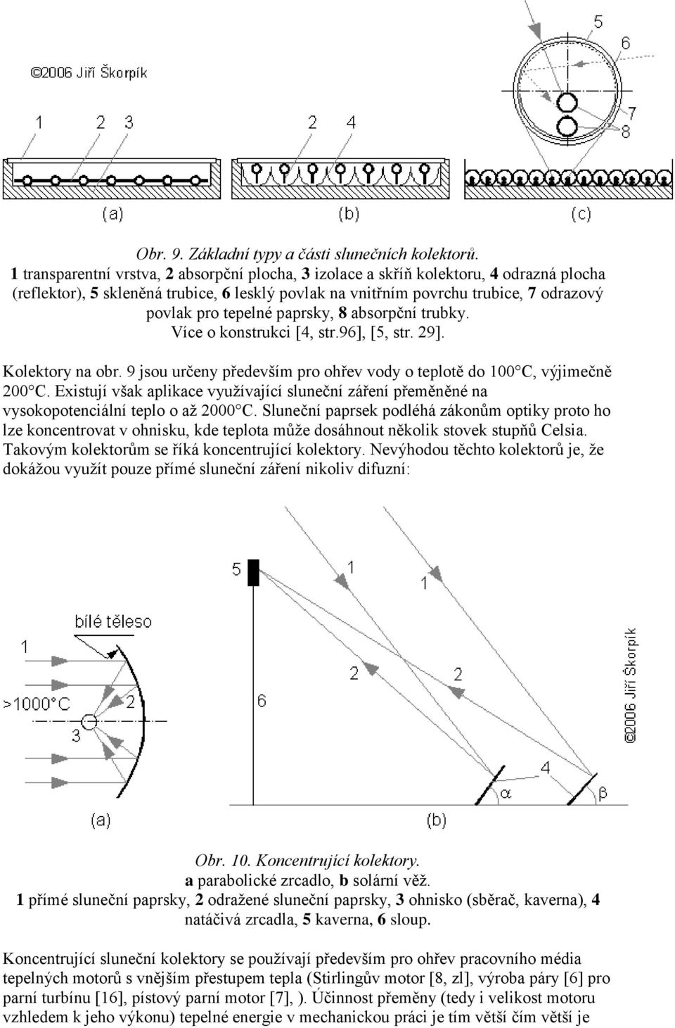 paprsky, 8 absorpční trubky. Více o konstrukci [4, str.96], [5, str. 29]. Kolektory na obr. 9 jsou určeny především pro ohřev vody o teplotě do 100 C, výjimečně 200 C.