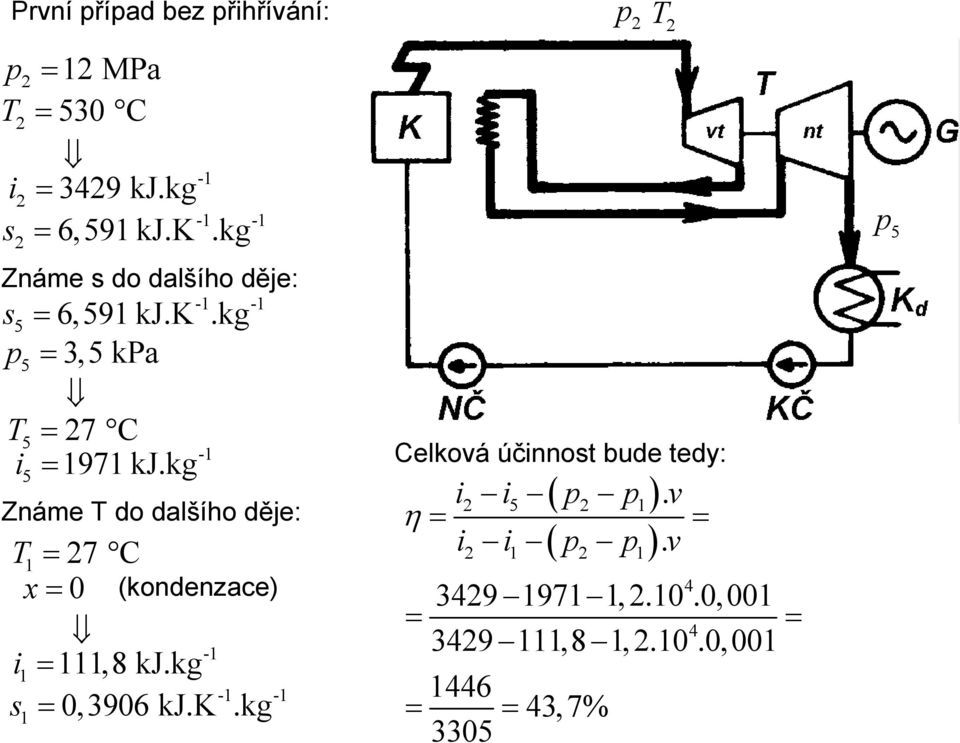 kg -1-1 Známe T do dalšího děje: T 1 = 7 C x = 0-1 i 1 = 111,8 kj.kg s 1 = 0,3906 kj.k.kg (kondenzace) -1-1 Celková účinnost bude tedy: η ( ) ( ) i i.