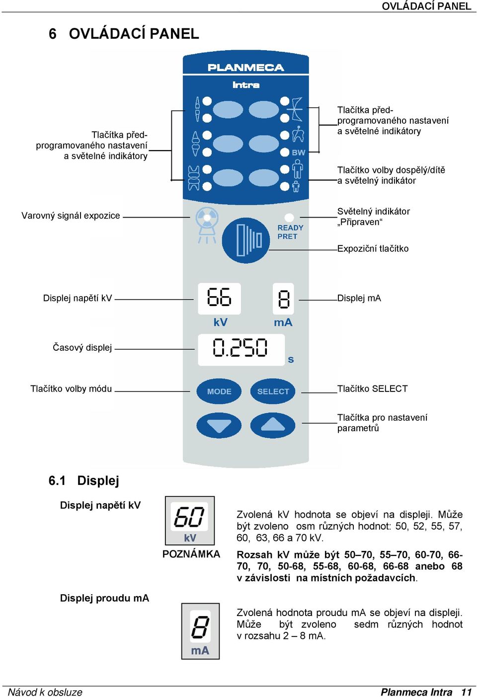 1 Displej Displej napětí kv Displej proudu Zvolená kv hodnota se objeví na displeji. Může být zvoleno osm různých hodnot: 50, 52, 55, 57, 60, 63, 66 a 70 kv.