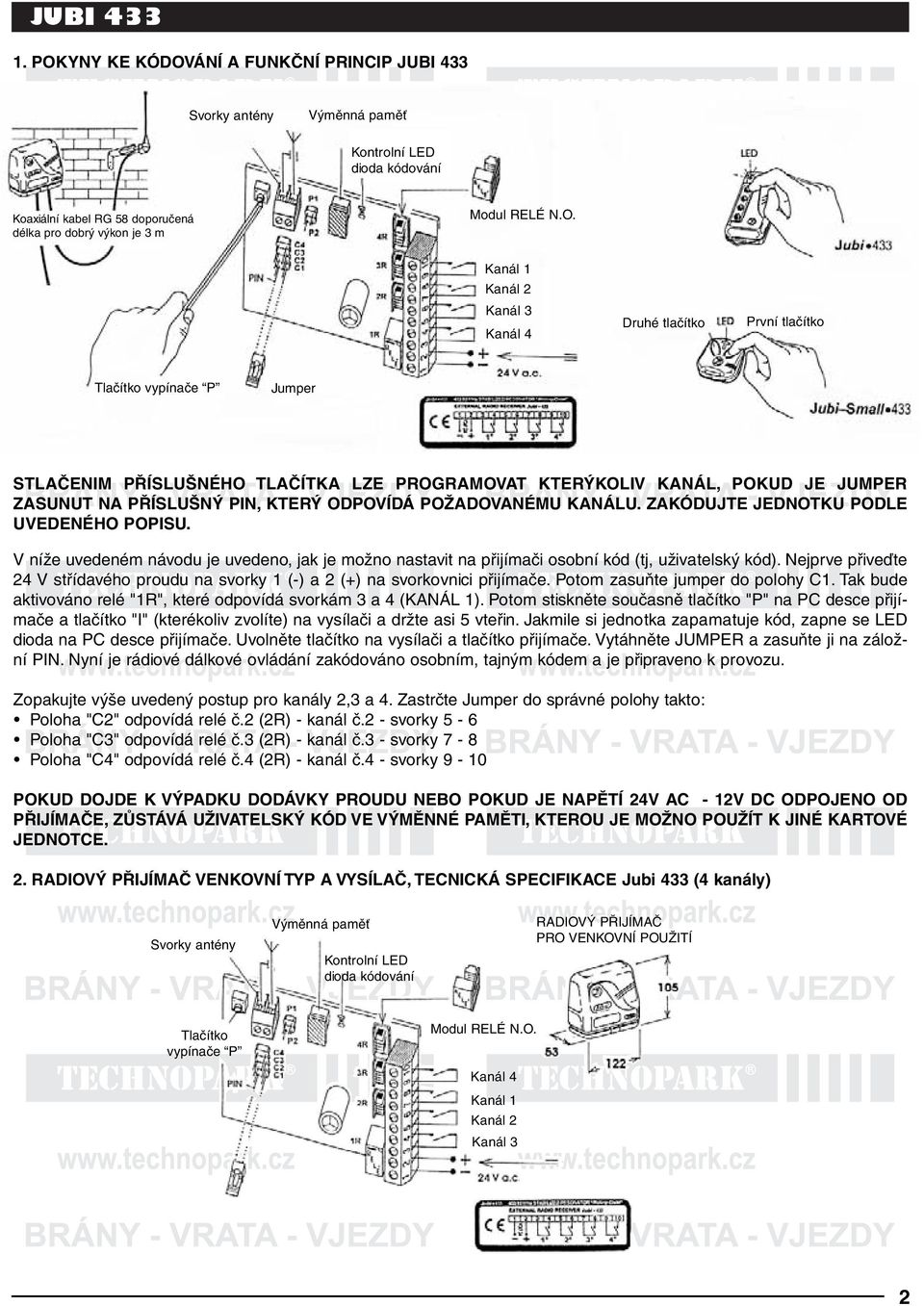 ÁNÍ A FUNKČNÍ PRINCIP JUBI 433 Svorky antény Výměnná paměť Kontrolní LED dioda kódování Koaxiální kabel RG 58 doporučená délka pro dobrý výkon je 3 m Modul RELÉ N.O.
