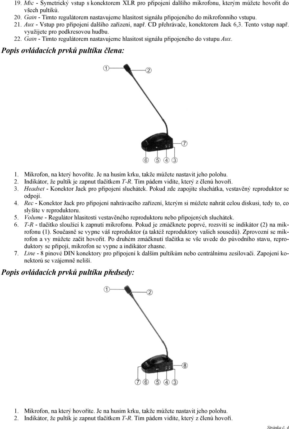 využijete pro podkresovou hudbu. 22. Gain - Tímto regulátorem nastavujeme hlasitost signálu připojeného do vstupu Aux. Popis ovládacích prvků pultíku člena: 1. Mikrofon, na který hovoříte.