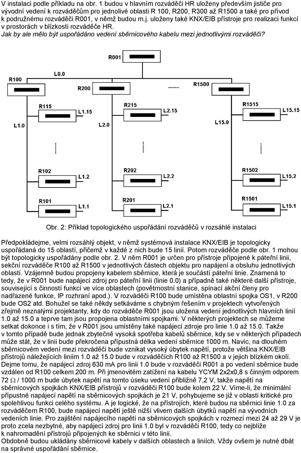 j. uloženy také KNX/EIB přístroje pro realizaci funkcí v prostorách v blízkosti rozváděče HR. Jak by ale mělo být uspořádáno vedení sběrnicového kabelu mezi jednotlivými rozváděči? Obr.