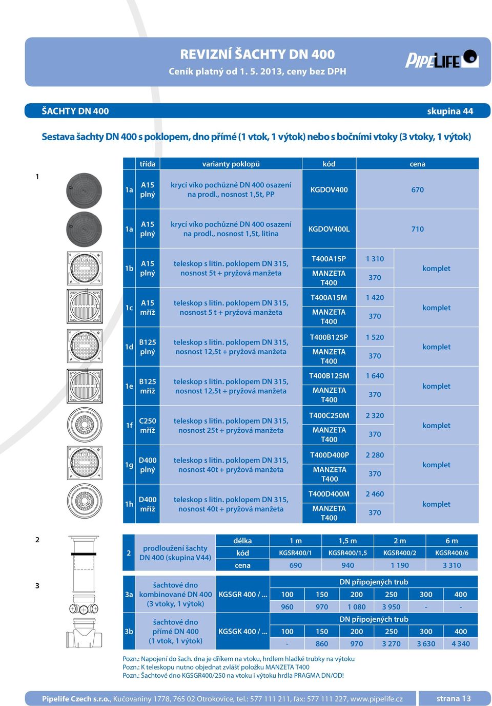 , nosnost 1,5t, litina KGDOV400L 710 1b A15 plný M 470 teleskop s litin. poklopem DN, nosnost 5t + pryžová manžeta T400A15P MANZETA T400 1 310 370 T05D 1c 395 A15 mříž 140 teleskop s litin.