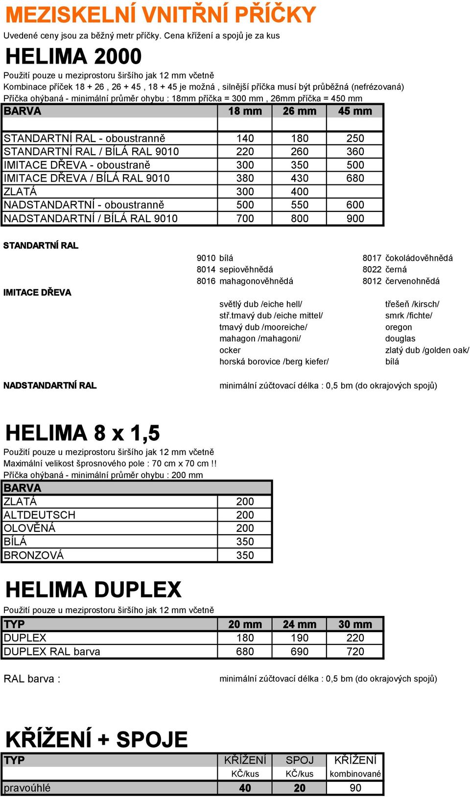 Příčka ohýbaná - minimální průměr ohybu : 18mm příčka = 300 mm, 26mm příčka = 450 mm BARVA 18 mm 26 mm 45 mm STANDARTNÍ RAL - oboustranně 140 180 250 STANDARTNÍ RAL / BÍLÁ RAL 9010 220 260 360