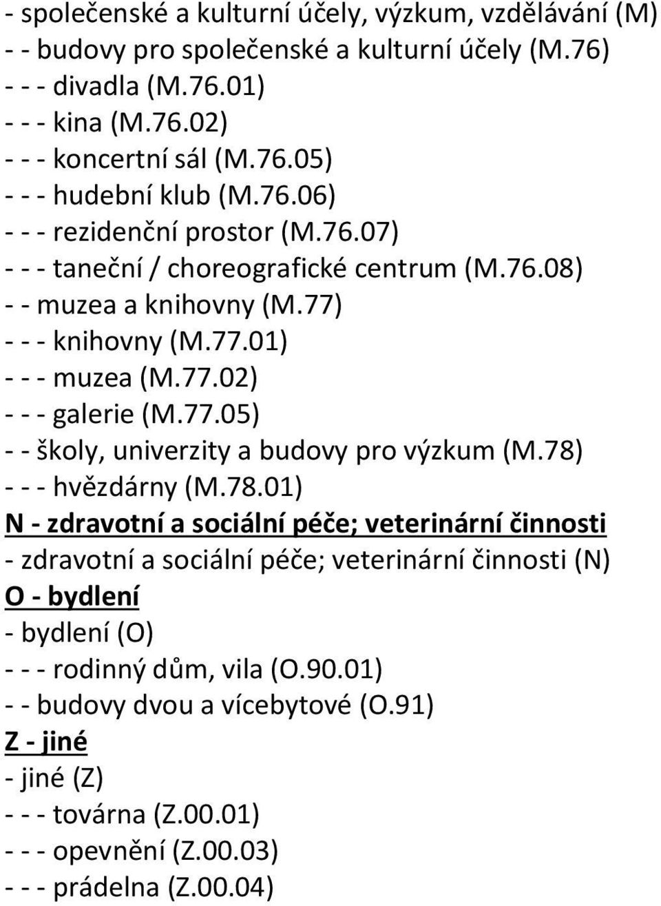 78) - - - hvězdárny (M.78.01) N - zdravotní a sociální péče; veterinární činnosti - zdravotní a sociální péče; veterinární činnosti (N) O - bydlení - bydlení (O) - - - rodinný dům, vila (O.