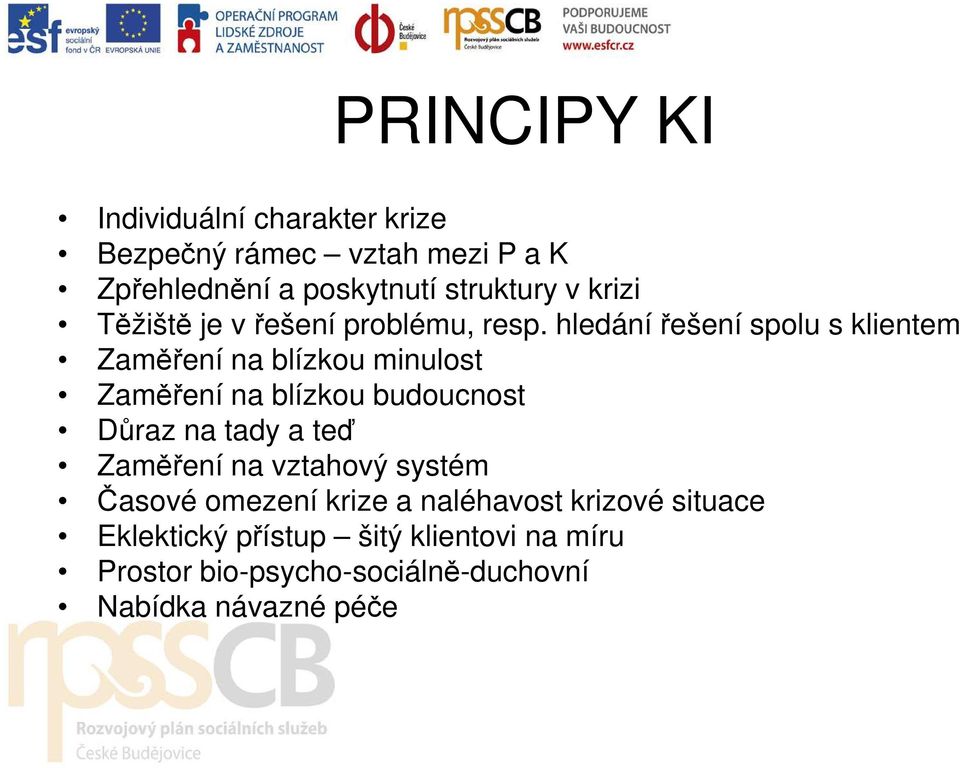 hledání řešení spolu s klientem Zaměření na blízkou minulost Zaměření na blízkou budoucnost Důraz na tady a