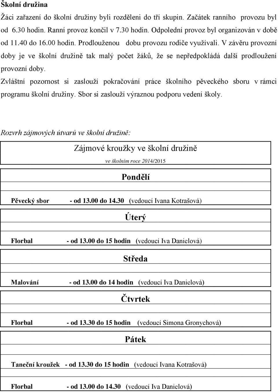 Zvláštní pozornost si zaslouží pokračování práce školního pěveckého sboru v rámci programu školní družiny. Sbor si zaslouží výraznou podporu vedení školy.