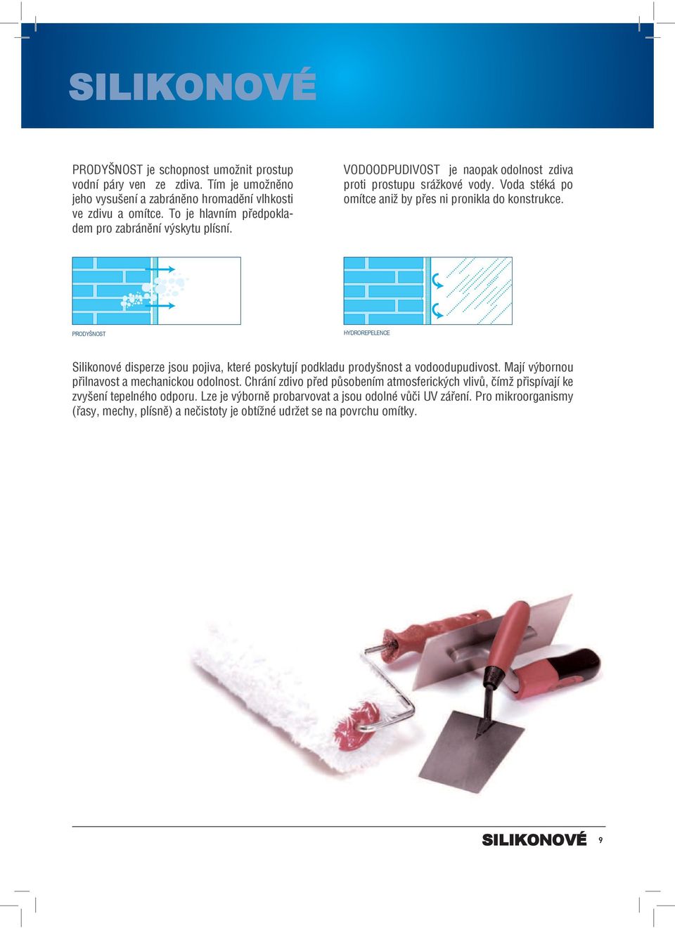 Voda stéká po omítce aniž by přes ni pronikla do konstrukce. PRODYŠNOST HYDROREPELENCE Silikonové disperze jsou pojiva, které poskytují podkladu prodyšnost a vodoodupudivost.