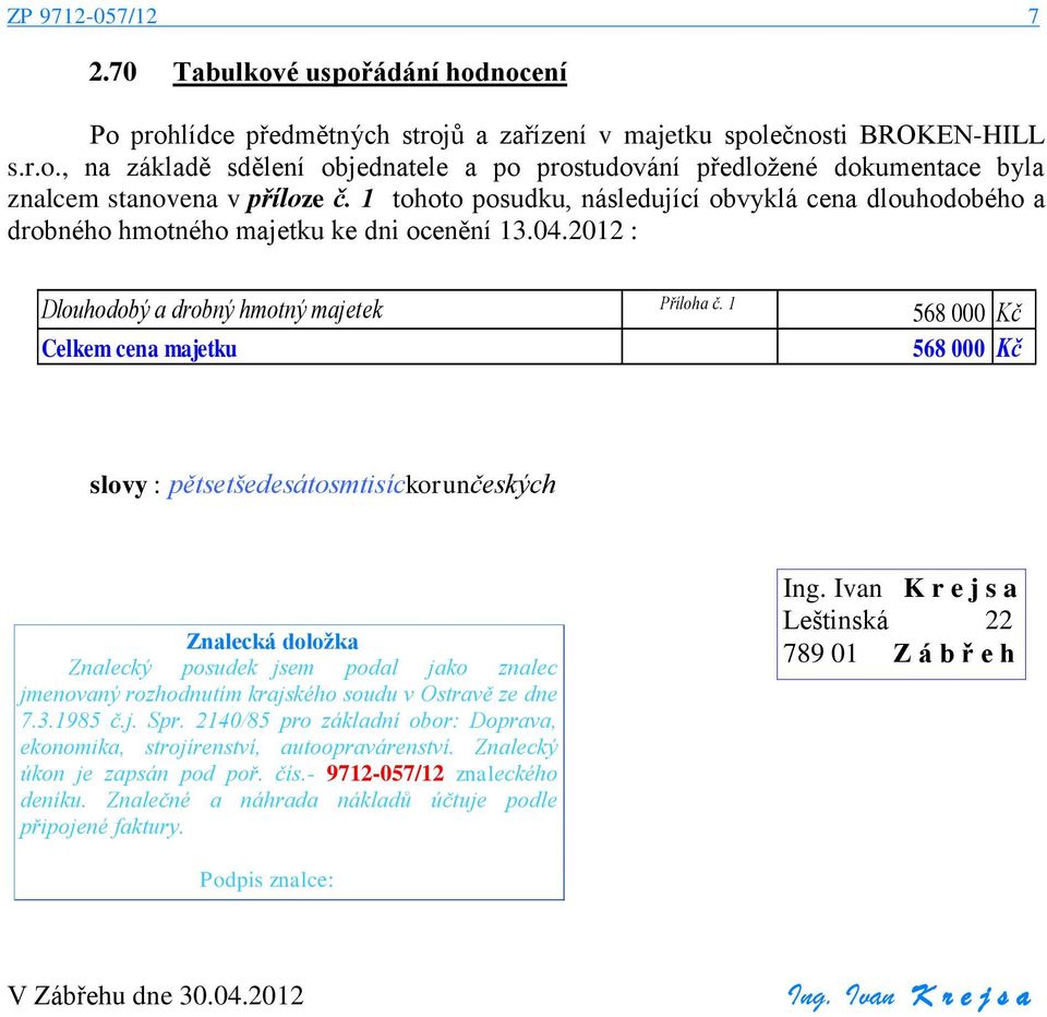 1 Celkem cena majetku 568 000 Kč 568 000 Kč slovy : pětsetšedesátosmtisíckorunčeských Znalecká doložka Znalecký posudek jsem podal jako znalec jmenovaný rozhodnutím krajského soudu v Ostravě ze dne 7.