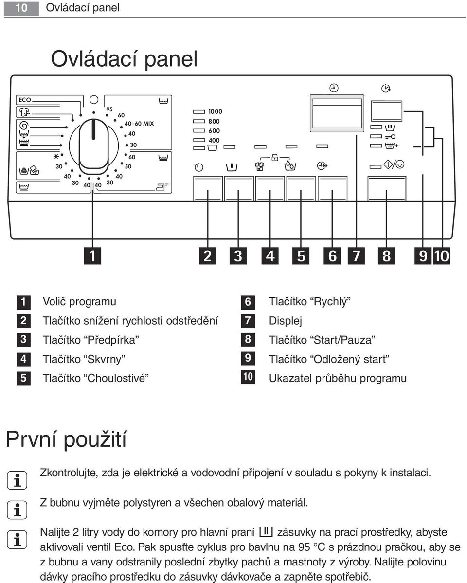 vodovodní připojení v souladu s pokyny k instalaci. Z bubnu vyjměte polystyren a všechen obalový materiál.