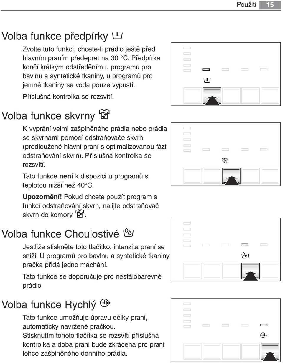 Volba funkce skvrny K vyprání velmi zašpiněného prádla nebo prádla se skvrnami pomocí odstraňovače skvrn (prodloužené hlavní praní s optimalizovanou fází odstraňování skvrn).