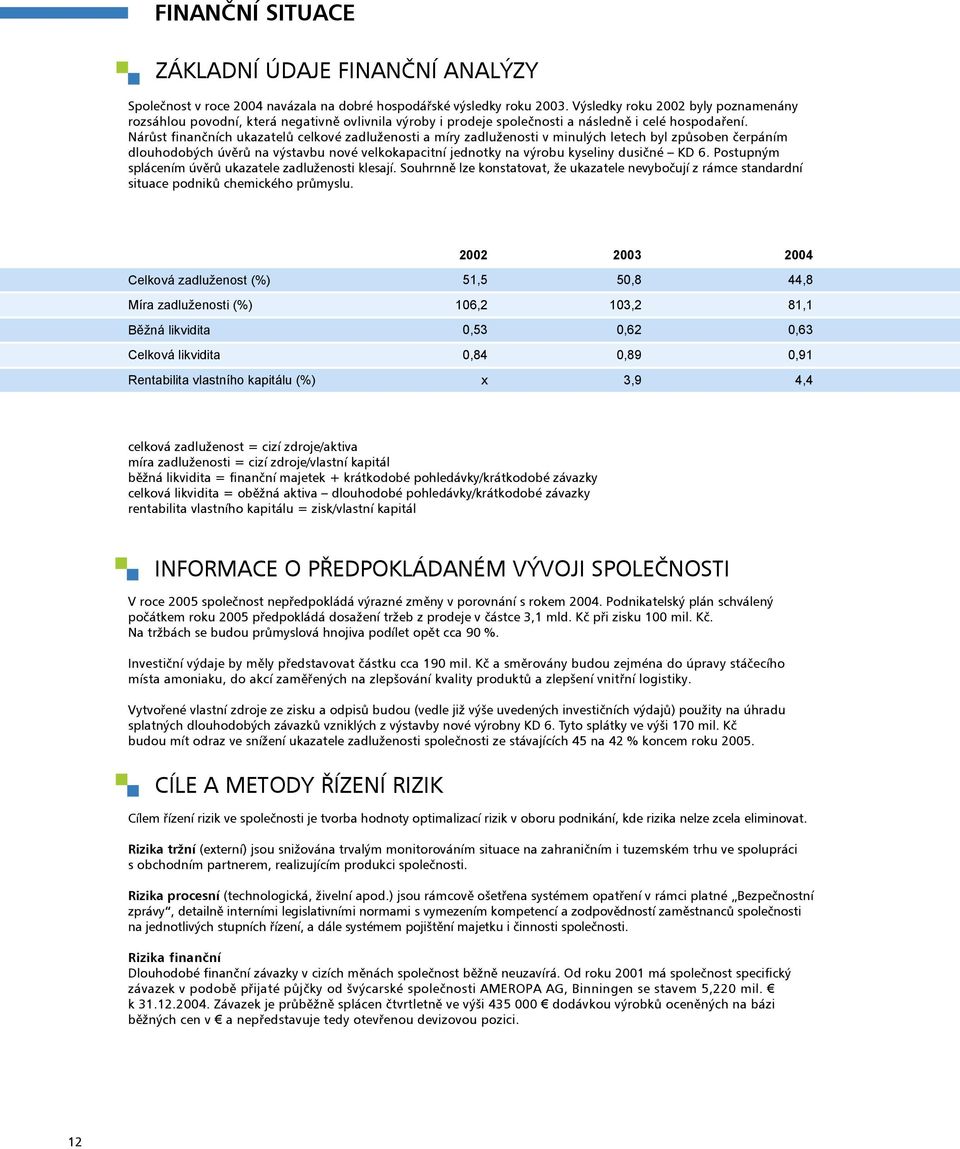 Nárůst finančních ukazatelů celkové zadluženosti a míry zadluženosti v minulých letech byl způsoben čerpáním dlouhodobých úvěrů na výstavbu nové velkokapacitní jednotky na výrobu kyseliny dusičné KD