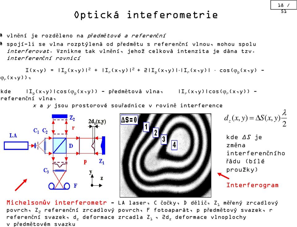 interferenční rovnicí I(x,y) = I p (x,y) 2 + I r (x,y) 2 + 2 I p (x,y) I r (x,y) cos(ϕ p (x,y) - ϕ r (x,y)), kde I p (x,y) cos(ϕ p (x,y)) - předmětová vlna, I r (x,y) cos(ϕ r (x,y)) - referenční