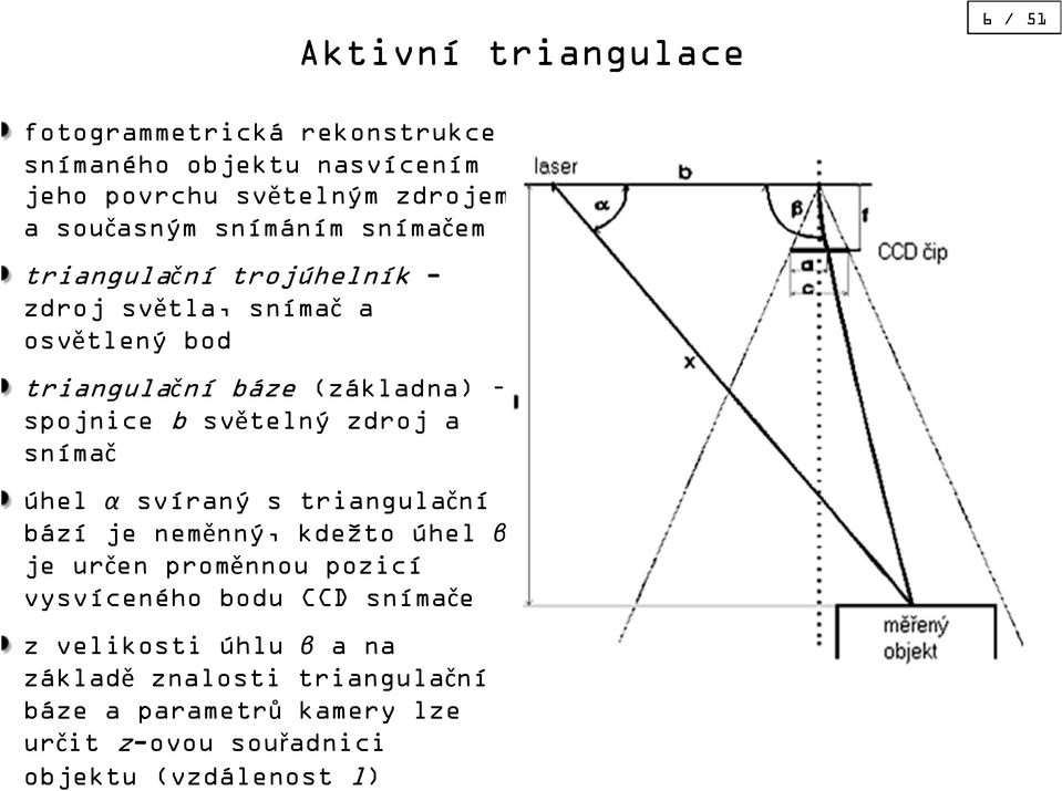 světelný zdroj a snímač úhel α svíraný s triangulační bází je neměnný, kdežto úhel β je určen proměnnou pozicí vysvíceného bodu