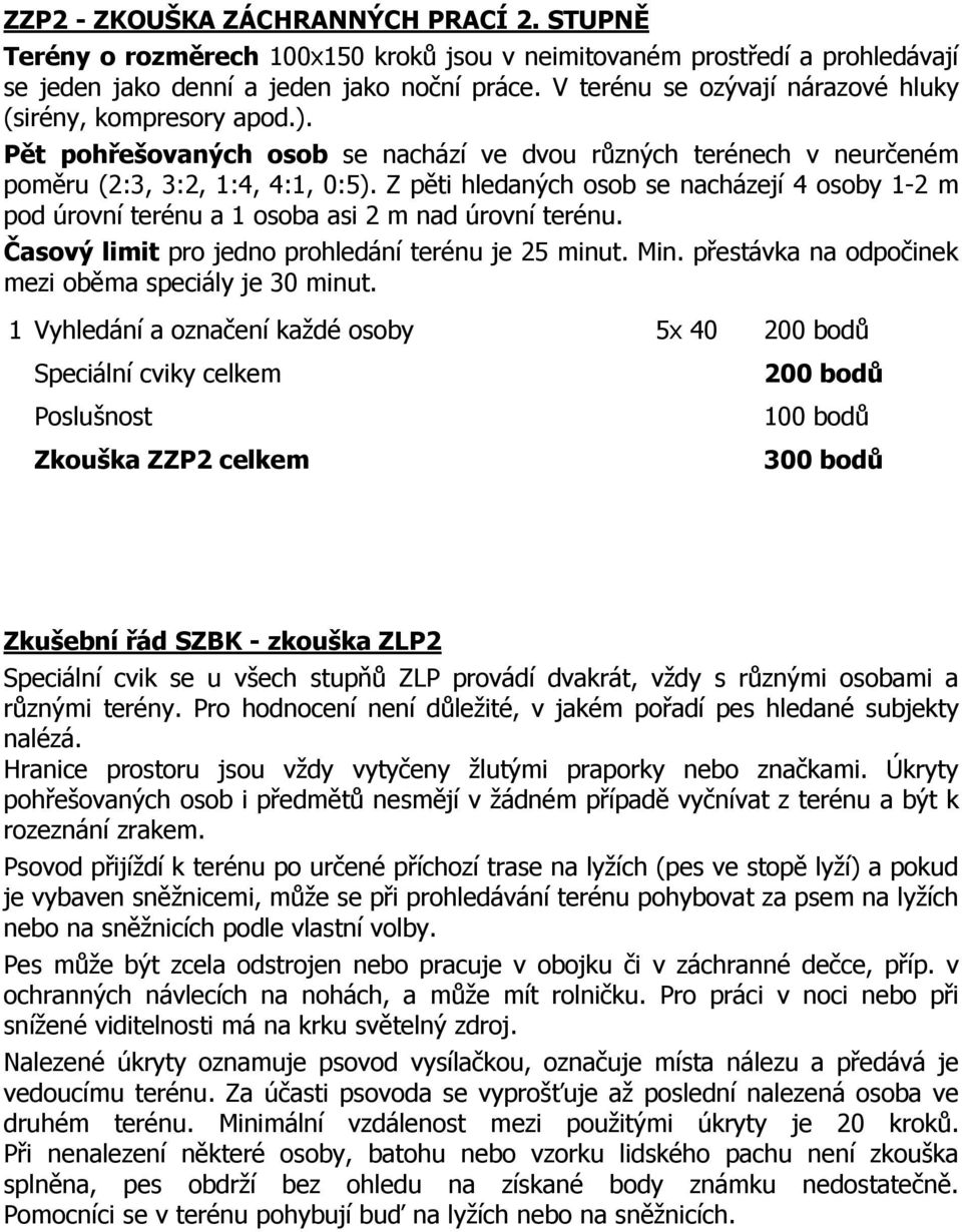 Z pěti hledaných osob se nacházejí 4 osoby 1-2 m pod úrovní terénu a 1 osoba asi 2 m nad úrovní terénu. Časový limit pro jedno prohledání terénu je 25 minut. Min.