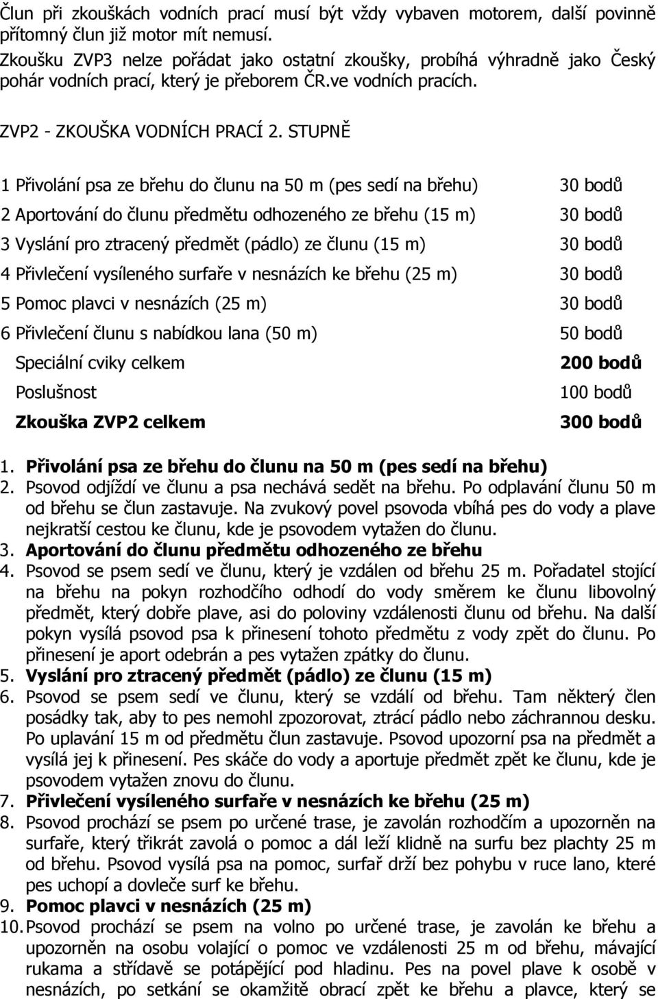 STUPNĚ 1 Přivolání psa ze břehu do člunu na 50 m (pes sedí na břehu) 30 bodů 2 Aportování do člunu předmětu odhozeného ze břehu (15 m) 30 bodů 3 Vyslání pro ztracený předmět (pádlo) ze člunu (15 m)