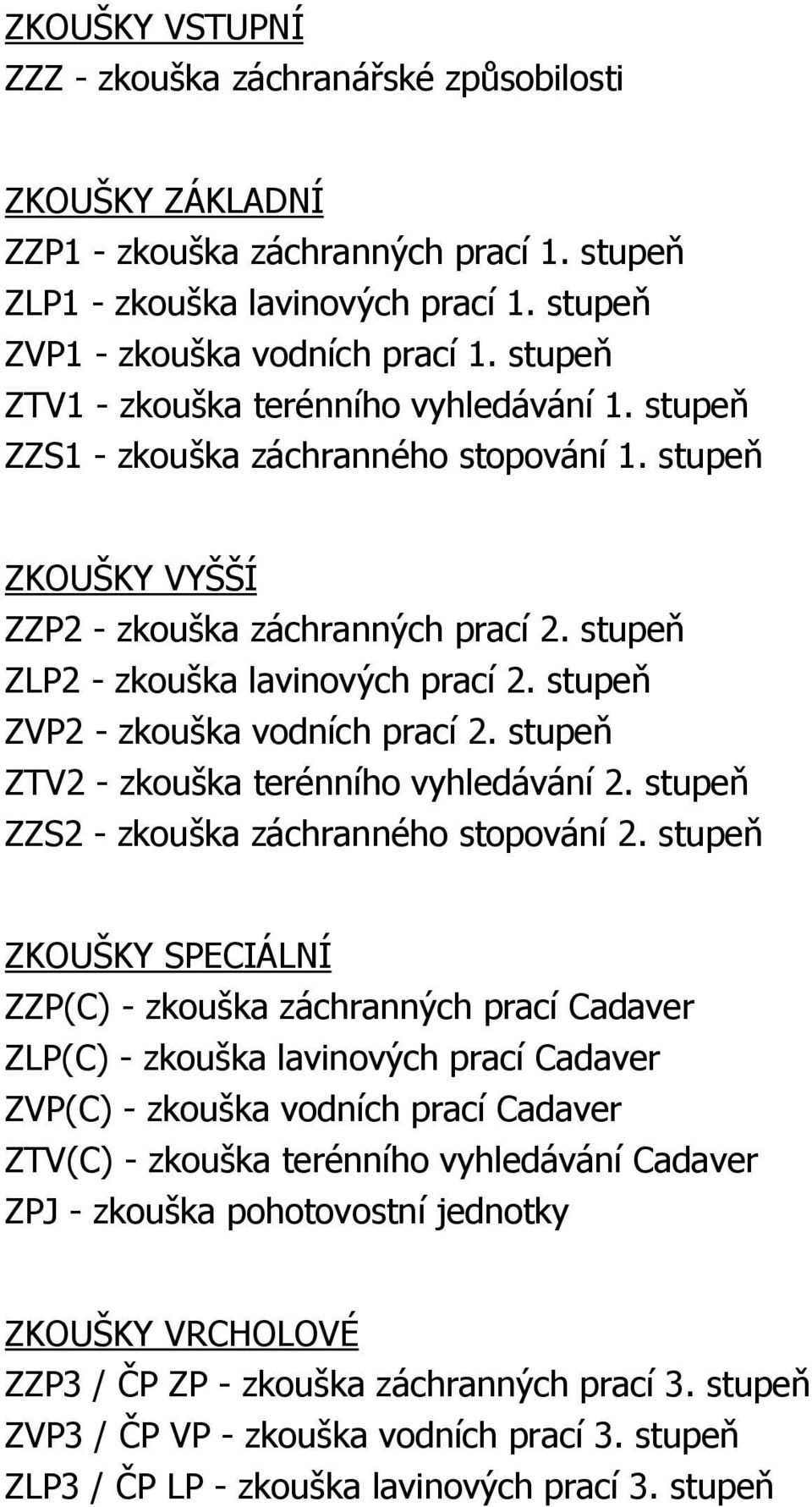 stupeň ZVP2 - zkouška vodních prací 2. stupeň ZTV2 - zkouška terénního vyhledávání 2. stupeň ZZS2 - zkouška záchranného stopování 2.