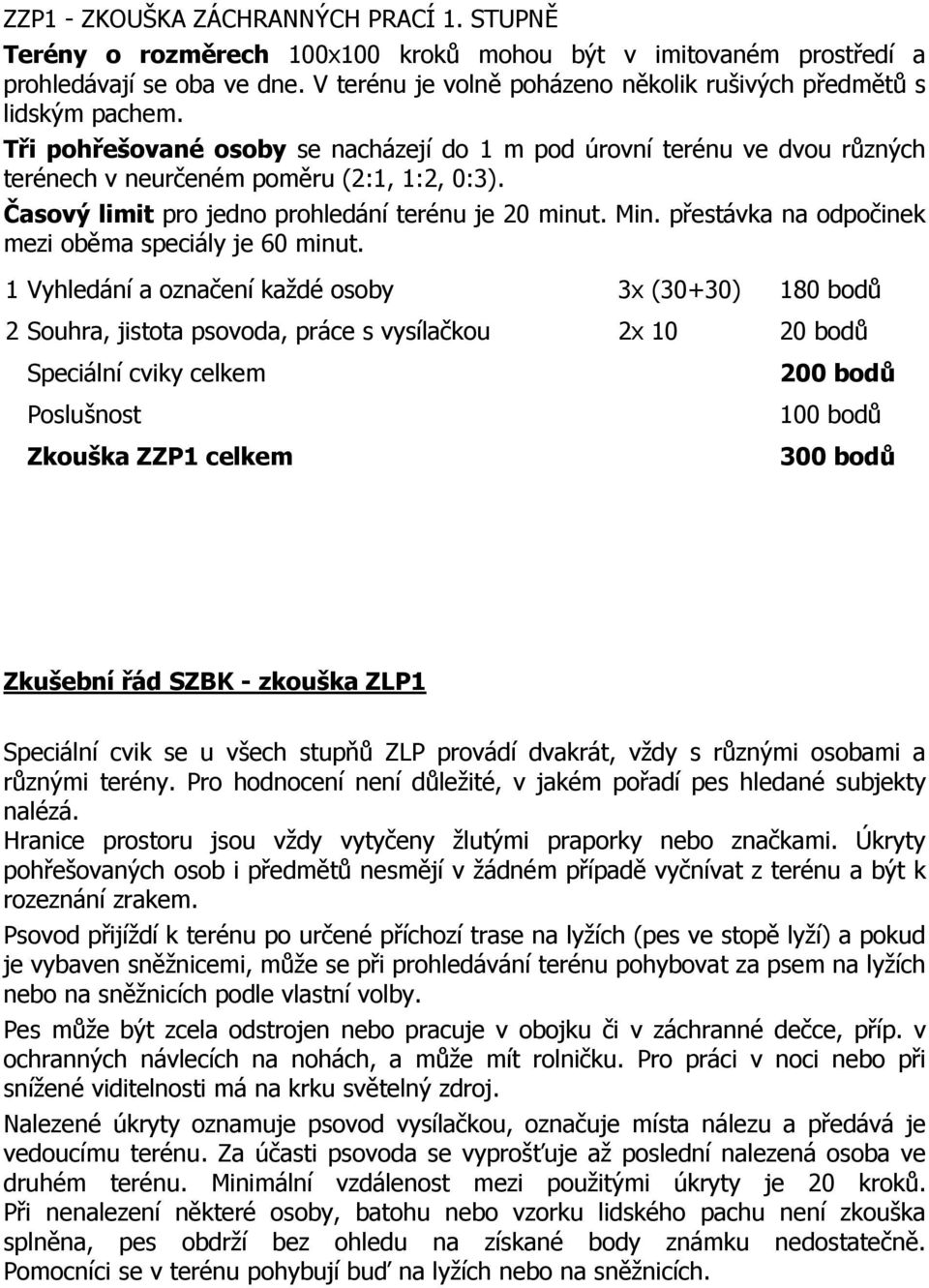 Časový limit pro jedno prohledání terénu je 20 minut. Min. přestávka na odpočinek mezi oběma speciály je 60 minut.