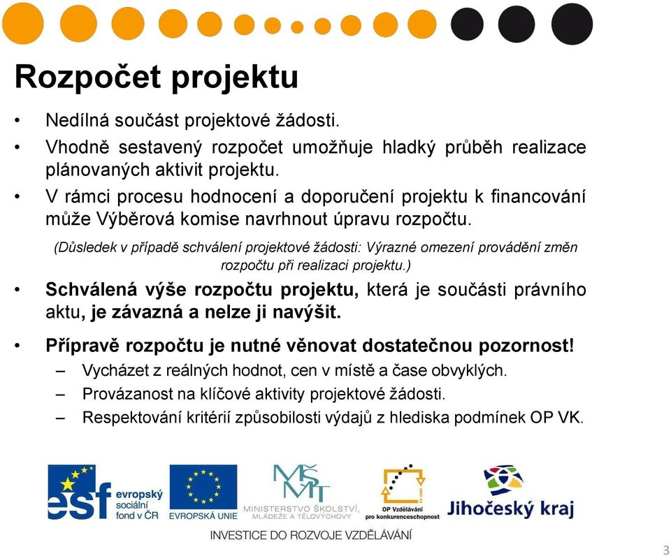 (Důsledek v případě schválení projektové žádosti: Výrazné omezení provádění změn rozpočtu při realizaci projektu.