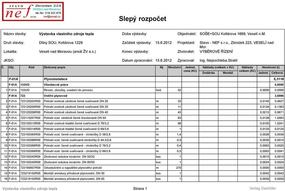 Obj Kód Zkrácený popis Mj Množství (celkem v Kč) F-01A Plynoinstalace 5,3118 F-01A 133VD Všeobecné práce 1 F-01A 133VD Revize, zkoušky, uvedení do provozu hod.