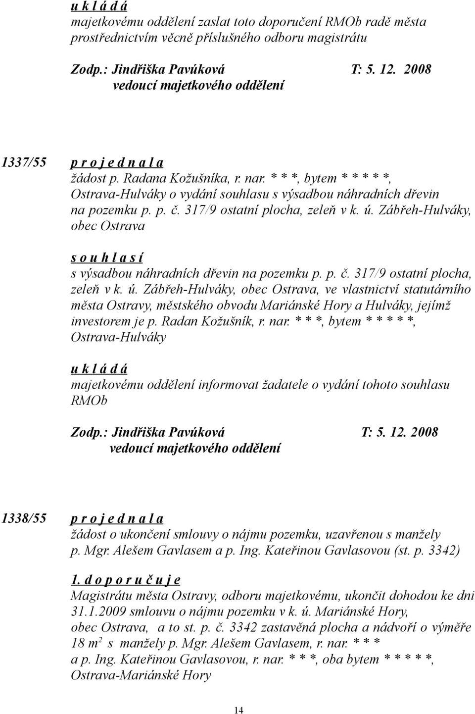 Zábřeh-Hulváky, obec Ostrava s o u h l a s í s výsadbou náhradních dřevin na pozemku p. p. č. 317/9 ostatní plocha, zeleň v k. ú.