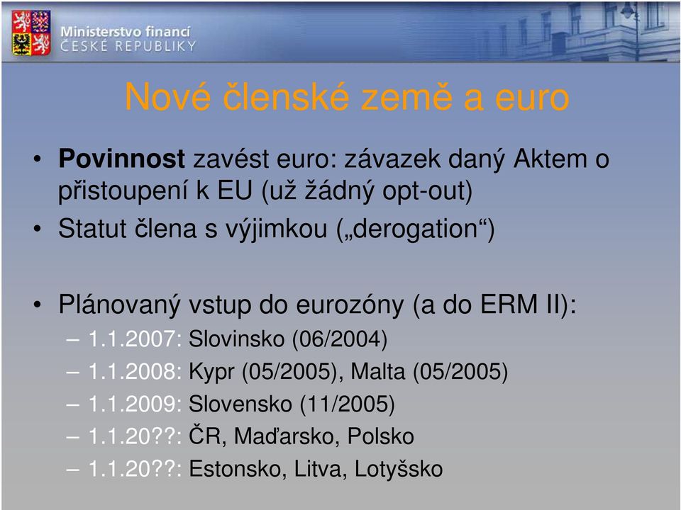 do ERM II): 1.1.2007: Slovinsko (06/2004) 1.1.2008: Kypr (05/2005), Malta (05/2005) 1.1.2009: Slovensko (11/2005) 1.