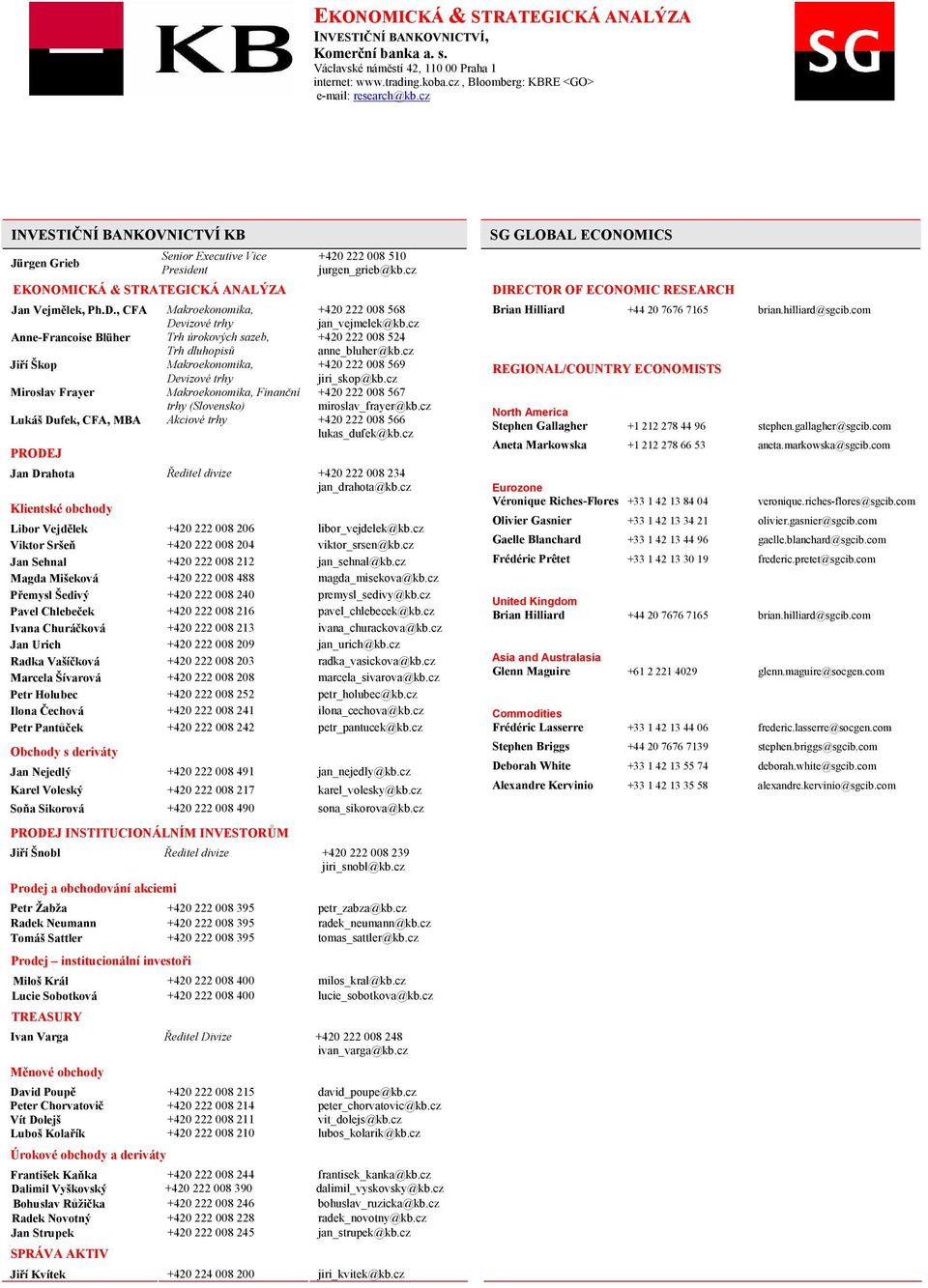 , CFA Makroekonomika, Devizové trhy +420 222 008 568 jan_vejmelek@kb.cz Anne-Francoise Blüher Trh úrokových sazeb, Trh dluhopisů +420 222 008 524 anne_bluher@kb.