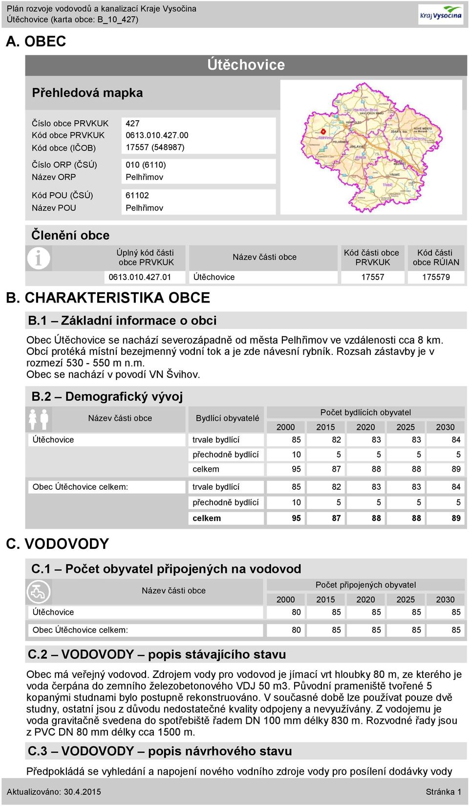 CHARAKTERISTIKA OBCE B.1 Základní informace o obci Obec Útěchovice se nachází severozápadně od města Pelhřimov ve vzdálenosti cca 8 km.