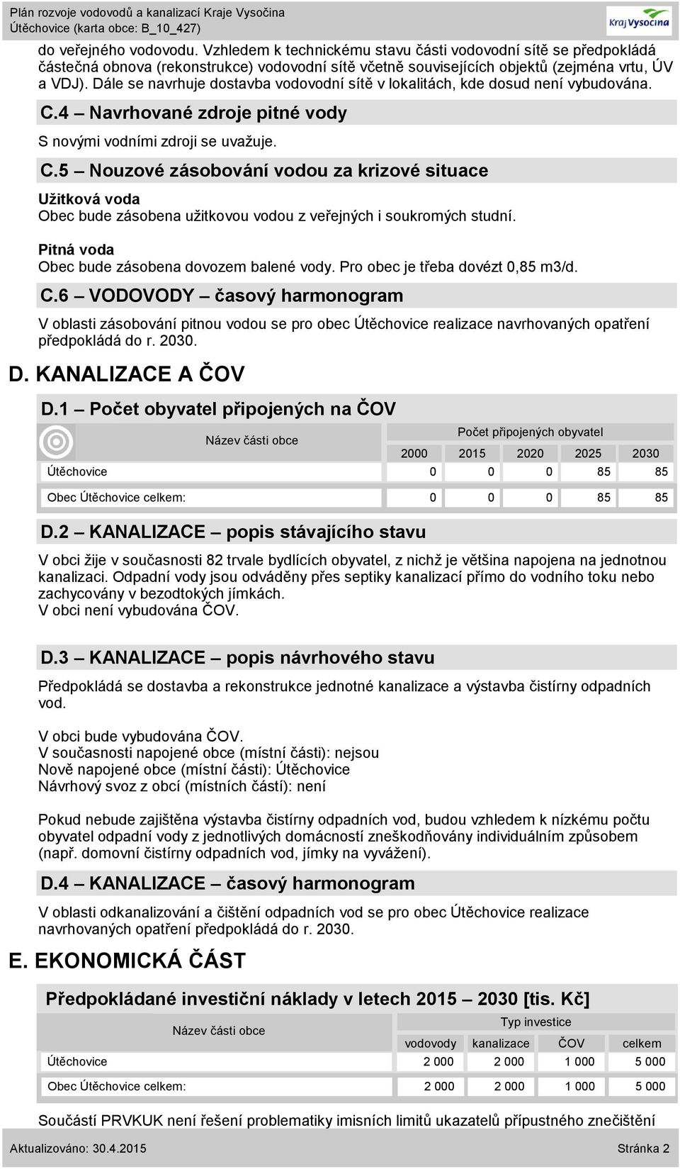 4 Navrhované zdroje pitné vody S novými vodními zdroji se uvažuje. C.5 Nouzové zásobování vodou za krizové situace Užitková voda Obec bude zásobena užitkovou vodou z veřejných i soukromých studní.