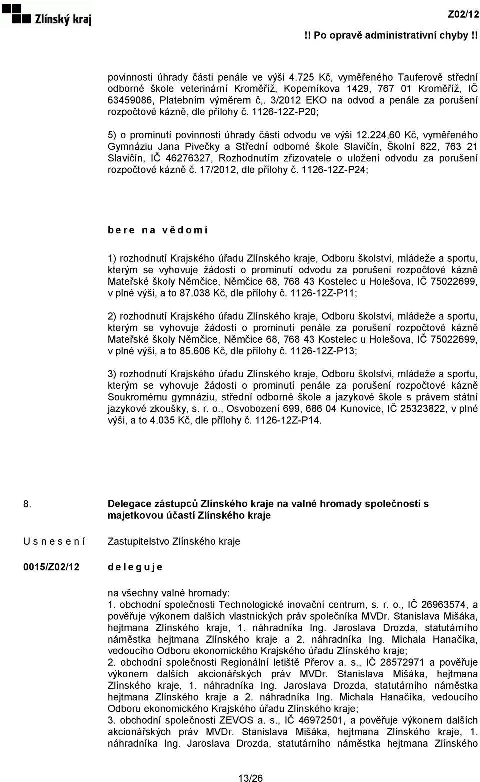 224,60 Kč, vyměřeného Gymnáziu Jana Pivečky a Střední odborné škole Slavičín, Školní 822, 763 21 Slavičín, IČ 46276327, Rozhodnutím zřizovatele o uložení odvodu za porušení rozpočtové kázně č.