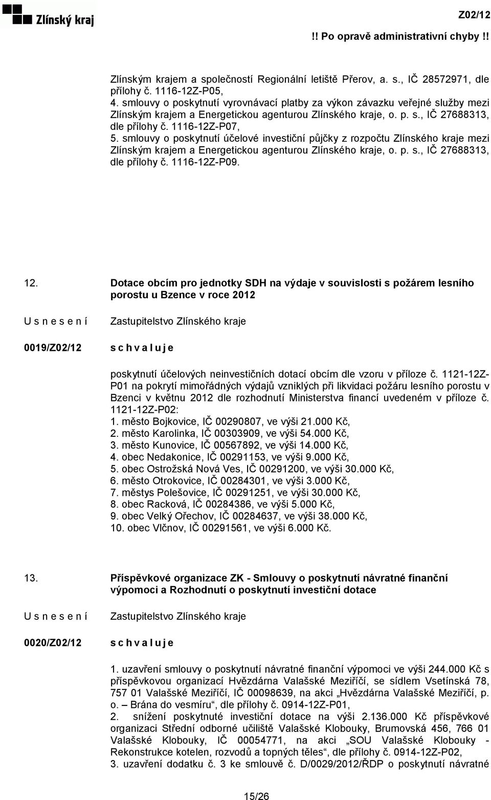 smlouvy o poskytnutí účelové investiční půjčky z rozpočtu Zlínského kraje mezi Zlínským krajem a Energetickou agenturou Zlínského kraje, o. p. s., IČ 27688313, dle přílohy č. 1116-12Z-P09. 12.