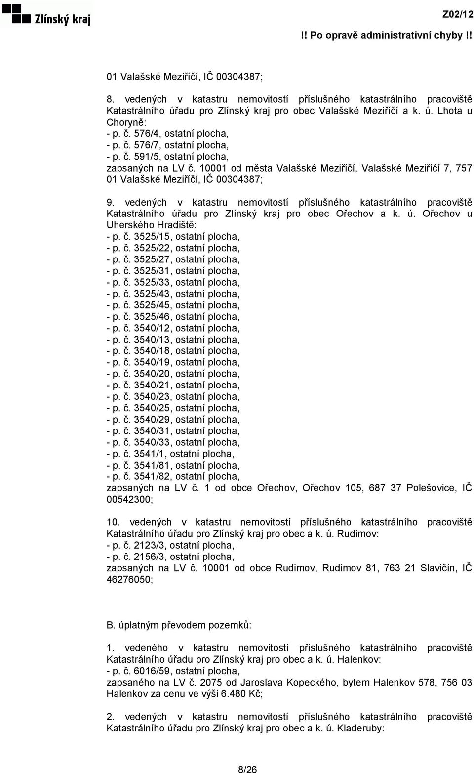 10001 od města Valašské Meziříčí, Valašské Meziříčí 7, 757 01 Valašské Meziříčí, IČ 00304387; 9.