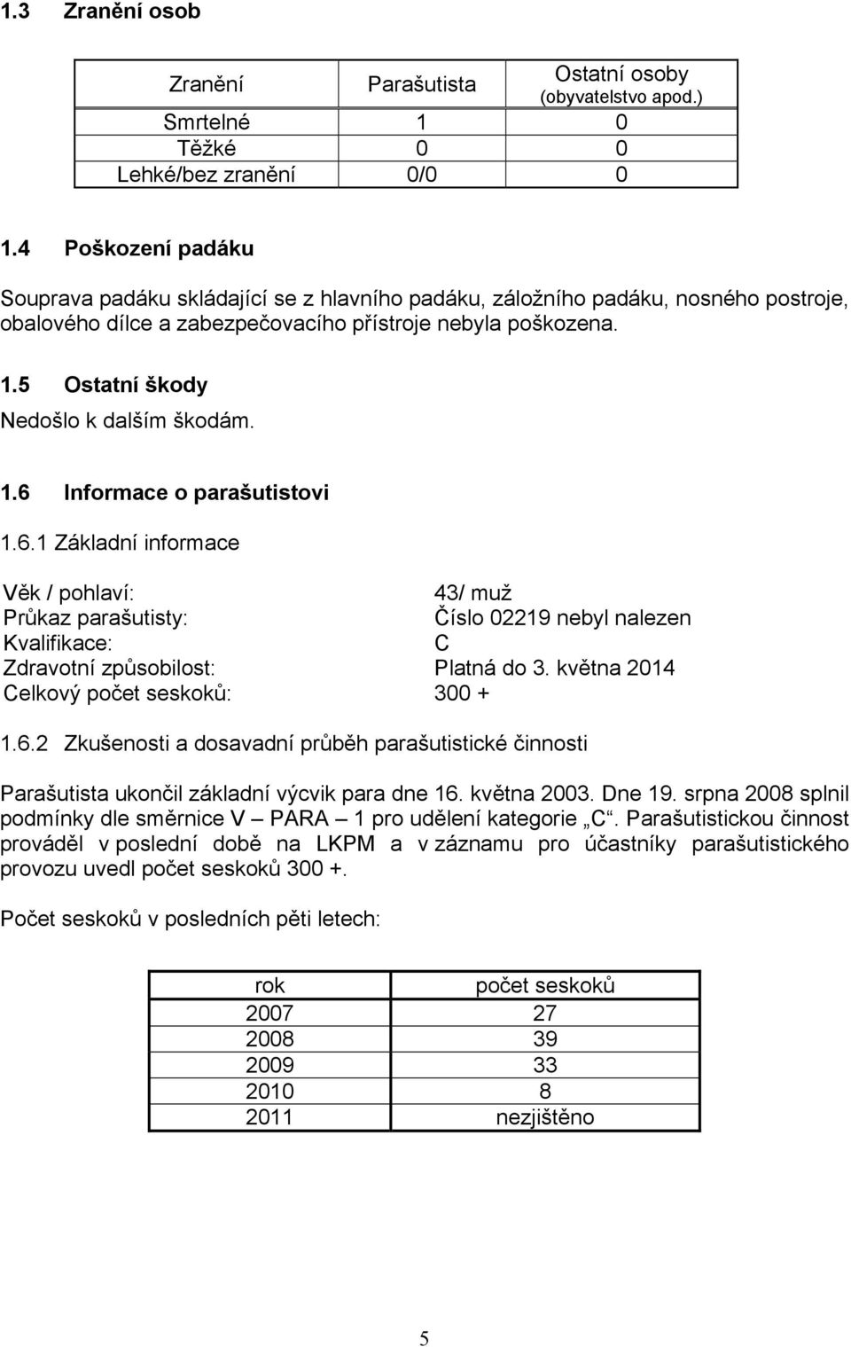 5 Ostatní škody Nedošlo k dalším škodám. 1.6 Informace o parašutistovi 1.6.1 Základní informace Věk / pohlaví: 43/ muž Průkaz parašutisty: Číslo 02219 nebyl nalezen Kvalifikace: C Zdravotní způsobilost: Platná do 3.