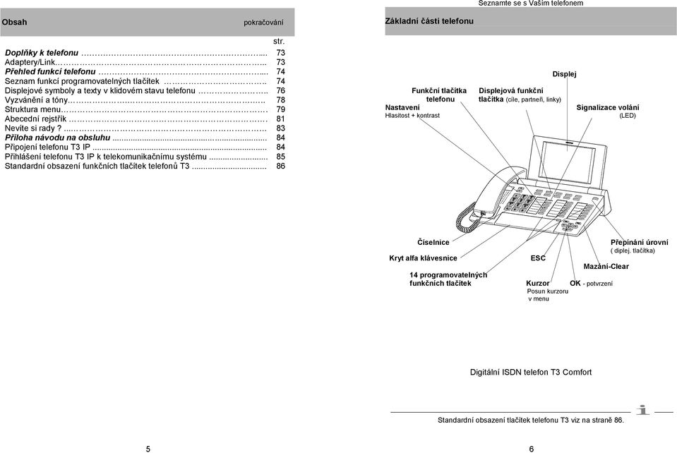 .. Přihlášení telefonu T3 IP k telekomunikačnímu systému... Standardní obsazení funkčních tlačítek telefonů T3... str.