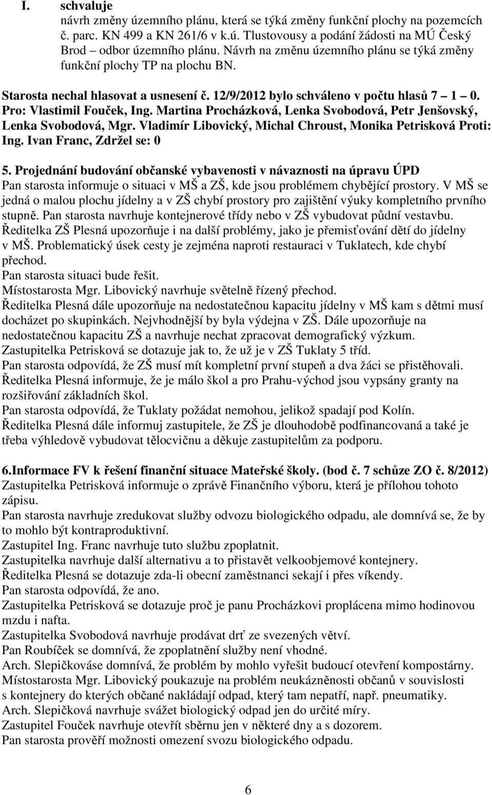 Martina Procházková, Lenka Svobodová, Petr Jenšovský, Lenka Svobodová, Mgr. Vladimír Libovický, Michal Chroust, Monika Petrisková Proti: Ing. Ivan Franc, Zdržel se: 0 5.