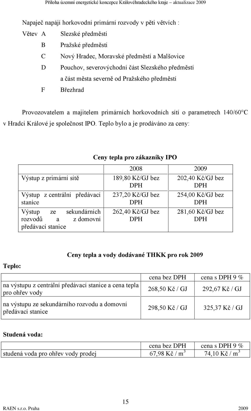 Teplo bylo a je prodáváno za ceny: Ceny tepla pro zákazníky IPO Výstup z primární sítě Výstup z centrální předávací stanice Výstup ze sekundárních rozvodů a z domovní předávací stanice 2008 2009