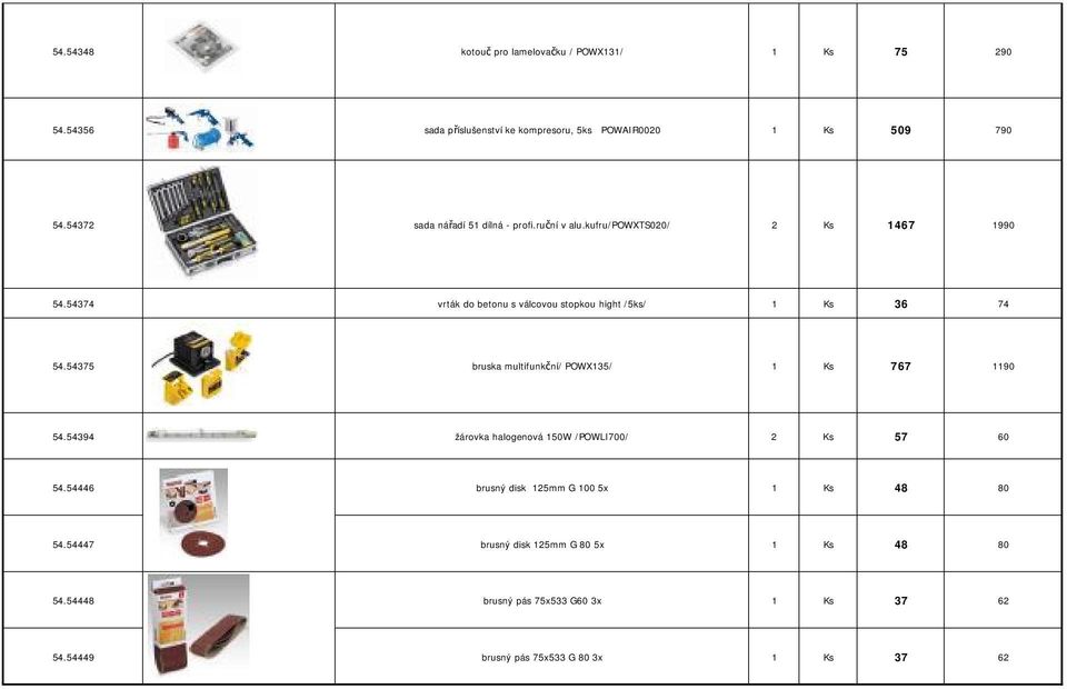 54374 vrták do betonu s válcovou stopkou hight /5ks/ 1 Ks 36 74 54.54375 bruska multifunkční/ POWX135/ 1 Ks 767 1190 54.