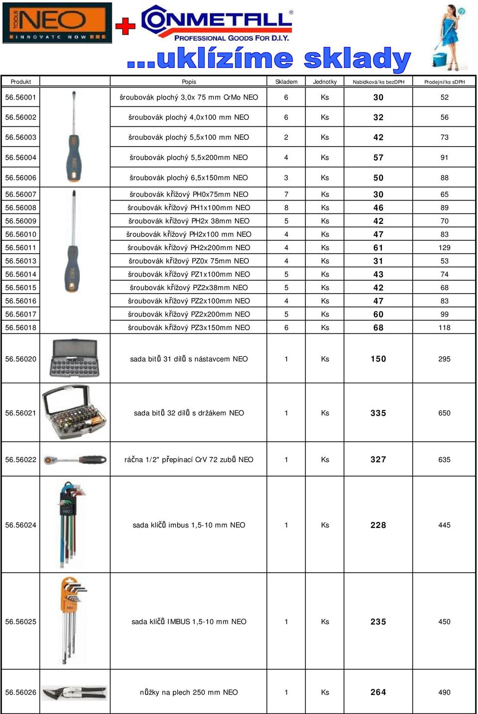 56007 šroubovák křížový PH0x75mm NEO 7 Ks 30 65 56.56008 šroubovák křížový PH1x100mm NEO 8 Ks 46 89 56.56009 šroubovák křížový PH2x 38mm NEO 5 Ks 42 70 56.