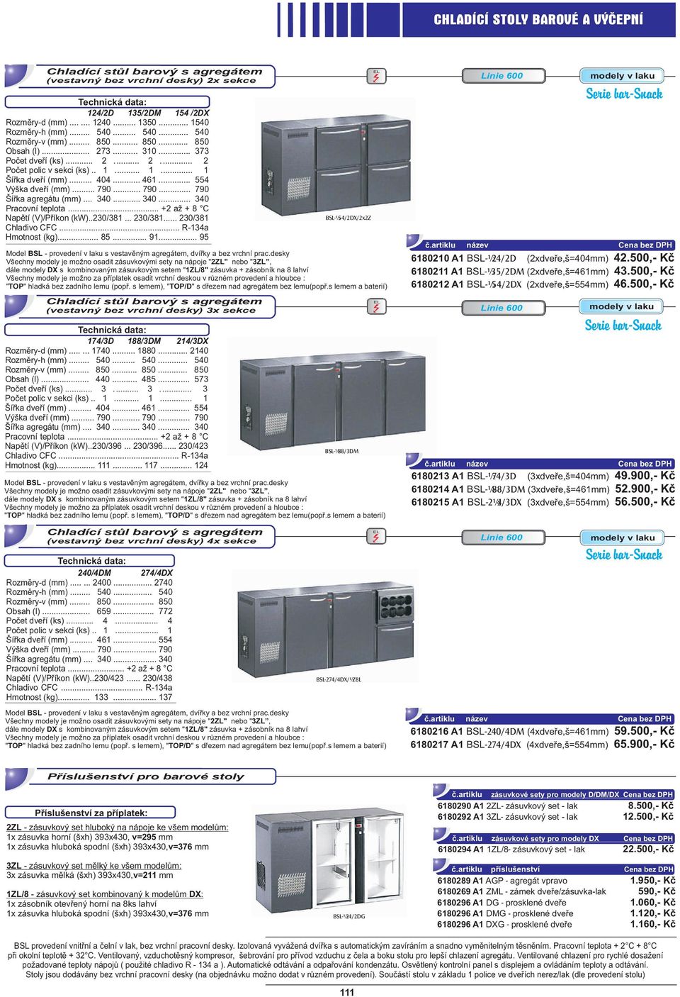 desky Všechny modely je možno osadit zásuvkovými sety na nápoje "2ZL" nebo "3ZL, dále modely DX s kombinovaným zásuvkovým setem "1ZL/8" zásuvka + zásobník na 8 lahví (vestavný bez vrchní desky) 3x
