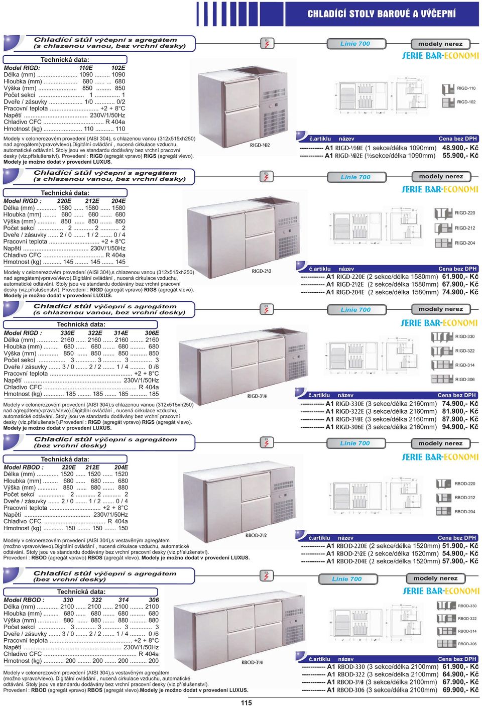 .. 110 Modely v celonerezovém provedení (AISI 304), s chlazenou vanou (312x515xh250) nad agregátem(vpravo/vlevo).digitální ovládání, nucená cirkulace vzduchu, automatické odtávání.