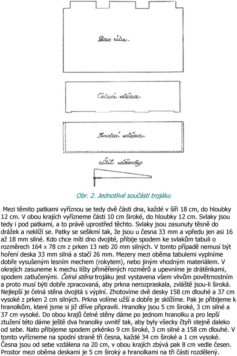 Kdo chce míti dno dvojité, přibije spodem ke svlakům tabuli o rozměrech 164 x 78 cm z prken 13 neb 20 mm silných. V tomto případě nemusí být hoření deska 33 mm silná a stačí 26 mm.