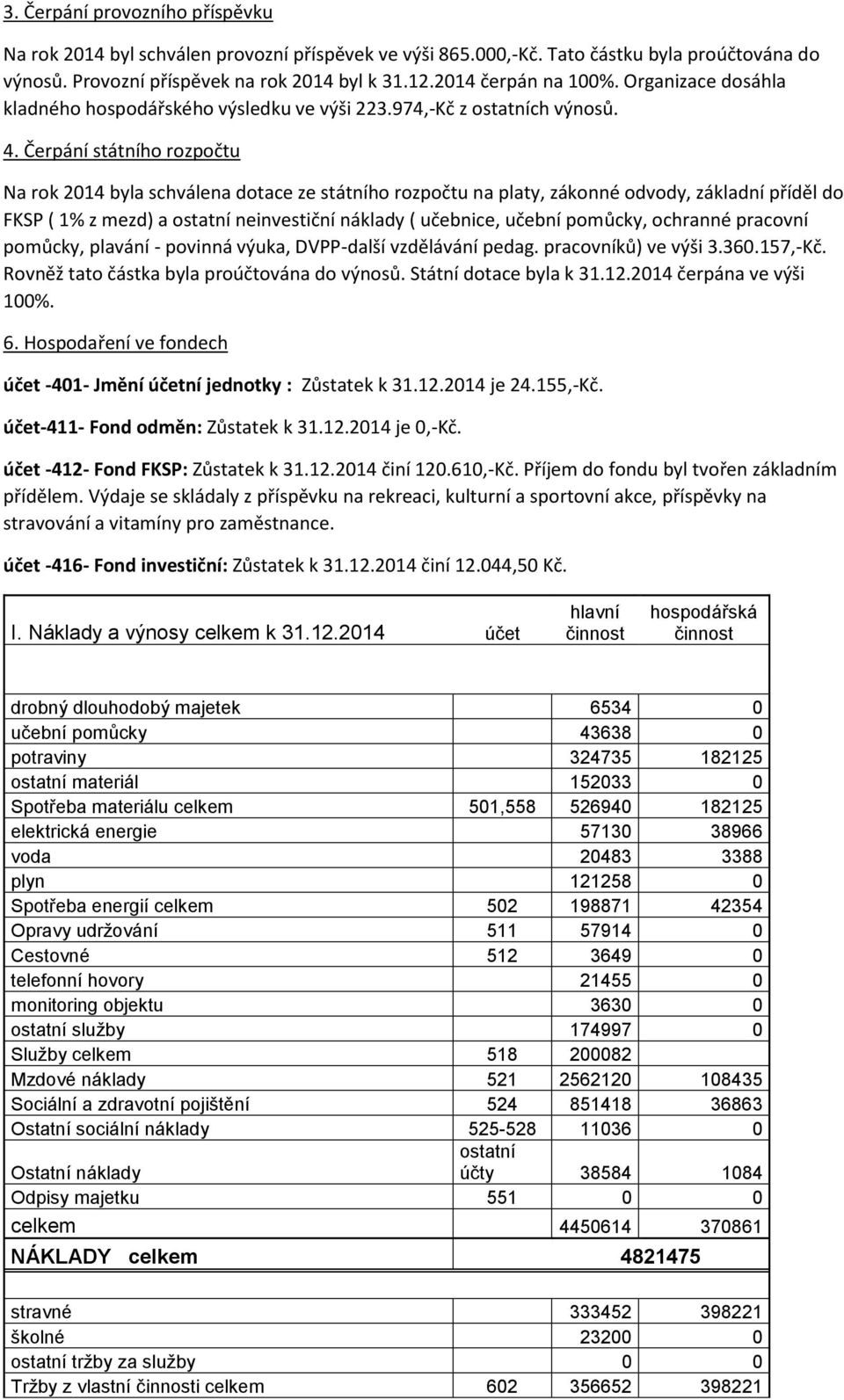 Čerpání státního rozpočtu Na rok 2014 byla schválena dotace ze státního rozpočtu na platy, zákonné odvody, základní příděl do FKSP ( 1% z mezd) a ostatní neinvestiční náklady ( učebnice, učební