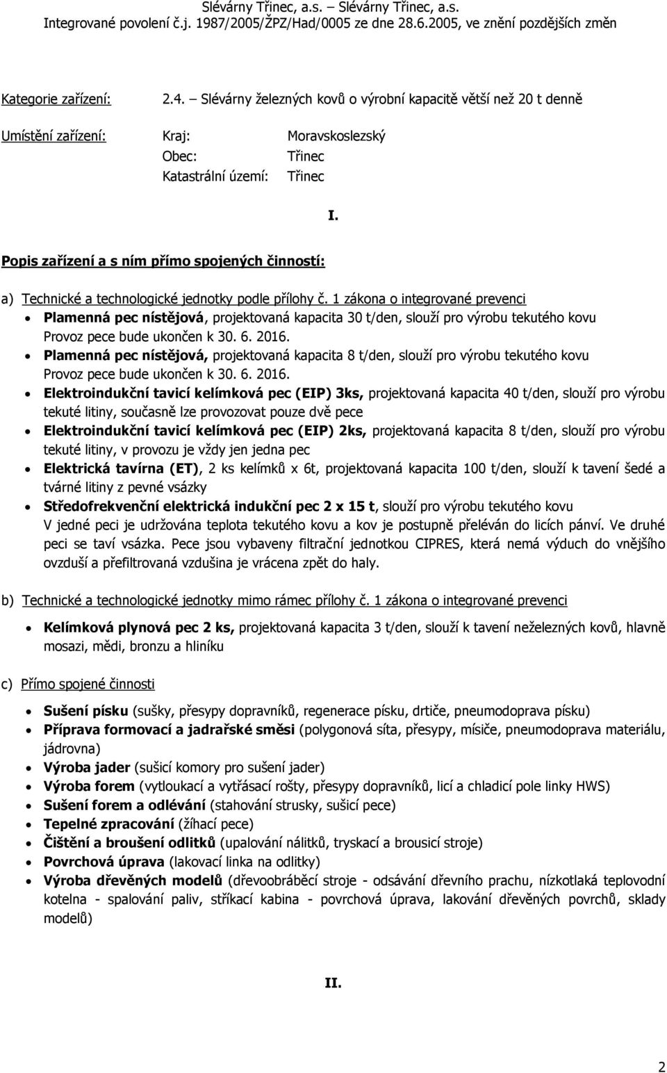 1 zákona o integrované prevenci Plamenná pec nístějová, projektovaná kapacita 30 t/den, slouží pro výrobu tekutého kovu Provoz pece bude ukončen k 30. 6. 2016.