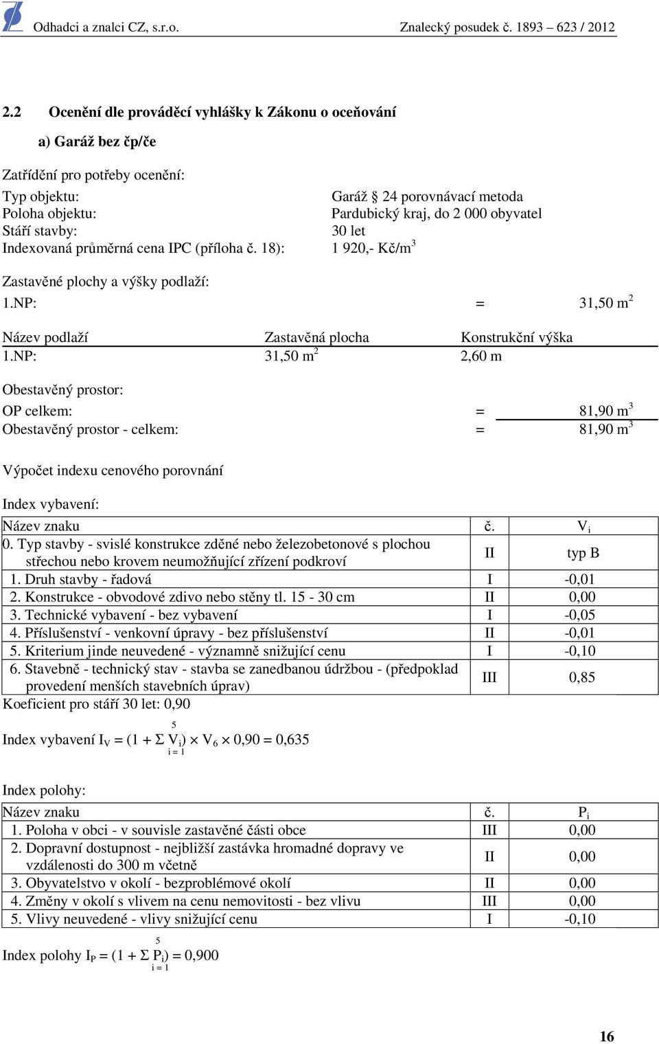 NP: 31,50 m 2 2,60 m Obestavěný prostor: OP celkem: = 81,90 m 3 Obestavěný prostor - celkem: = 81,90 m 3 Výpočet indexu cenového porovnání Index vybavení: Název znaku č. V i 0.