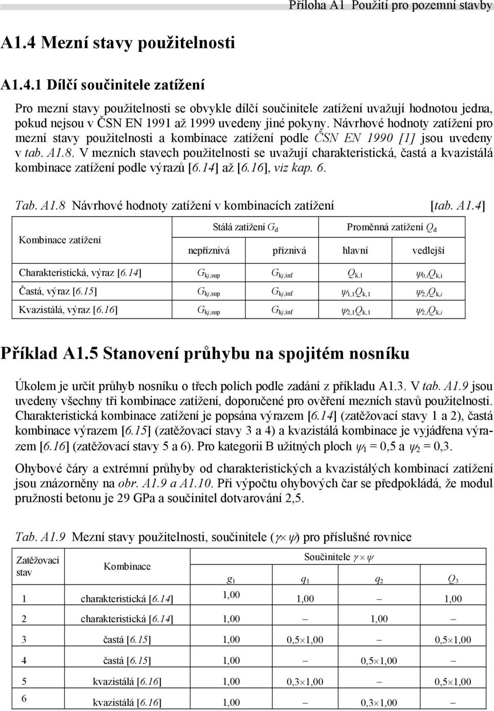 V mezních stavech použitelnosti se uvažují charakteristická, častá a kvazistálá kombinace zatížení podle výrazů [6.14] až [6.16], viz kap. 6. Tab. A1.