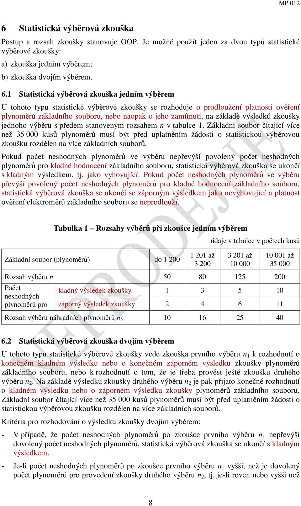 základě výsledků zkoušky jednoho výběru s předem stanoveným rozsahem n v tabulce 1.